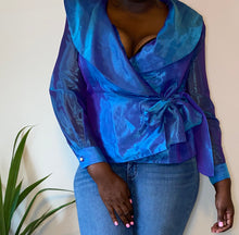 Load image into Gallery viewer, Vintage Blue Iridescent Wrap Blouse (L-XL)

