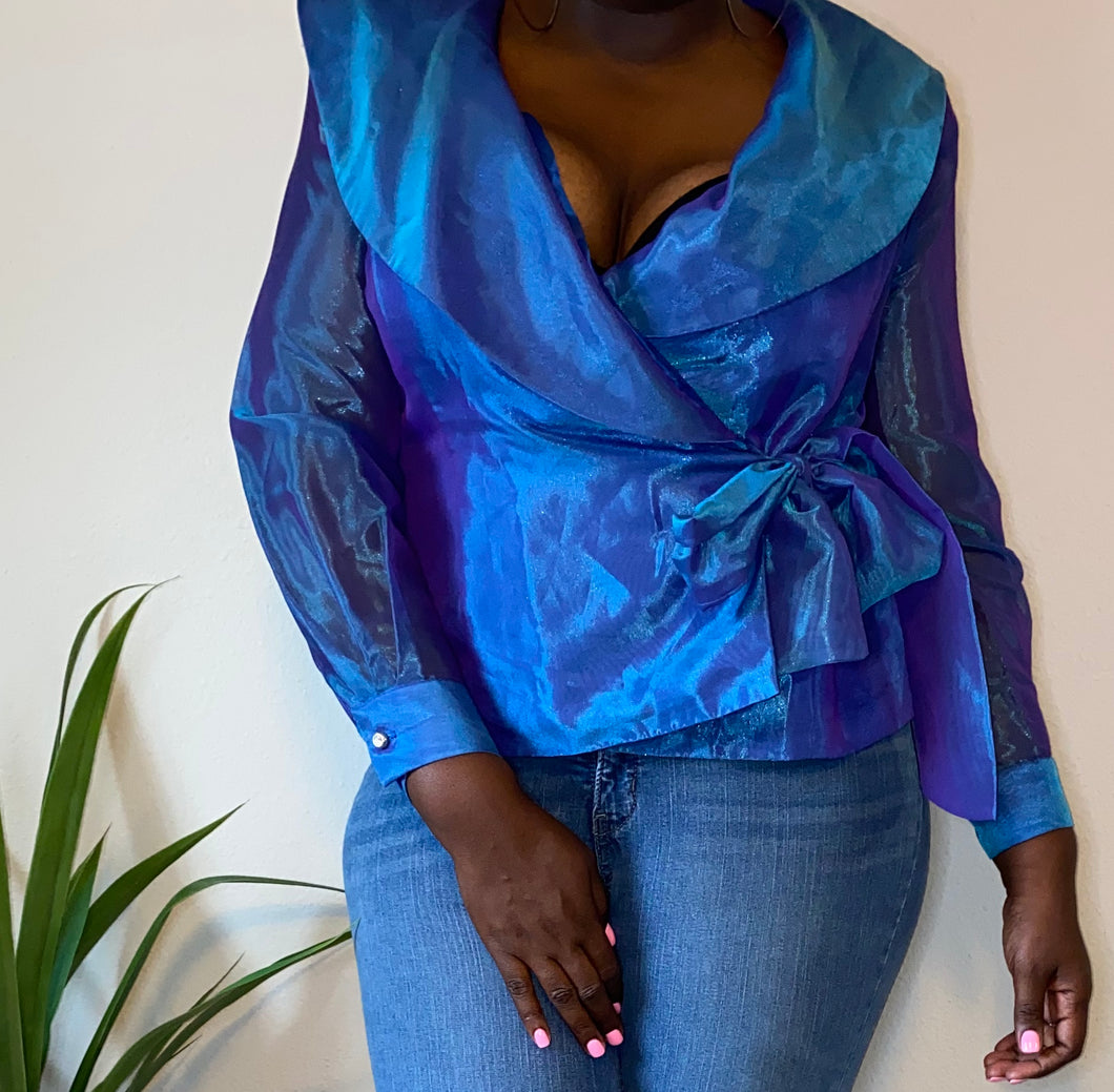 Vintage Blue Iridescent Wrap Blouse (L-XL)