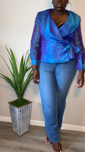Vintage Blue Iridescent Wrap Blouse (L-XL)