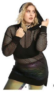 Oversized Black Fishnet Tunic Hoodie -2X